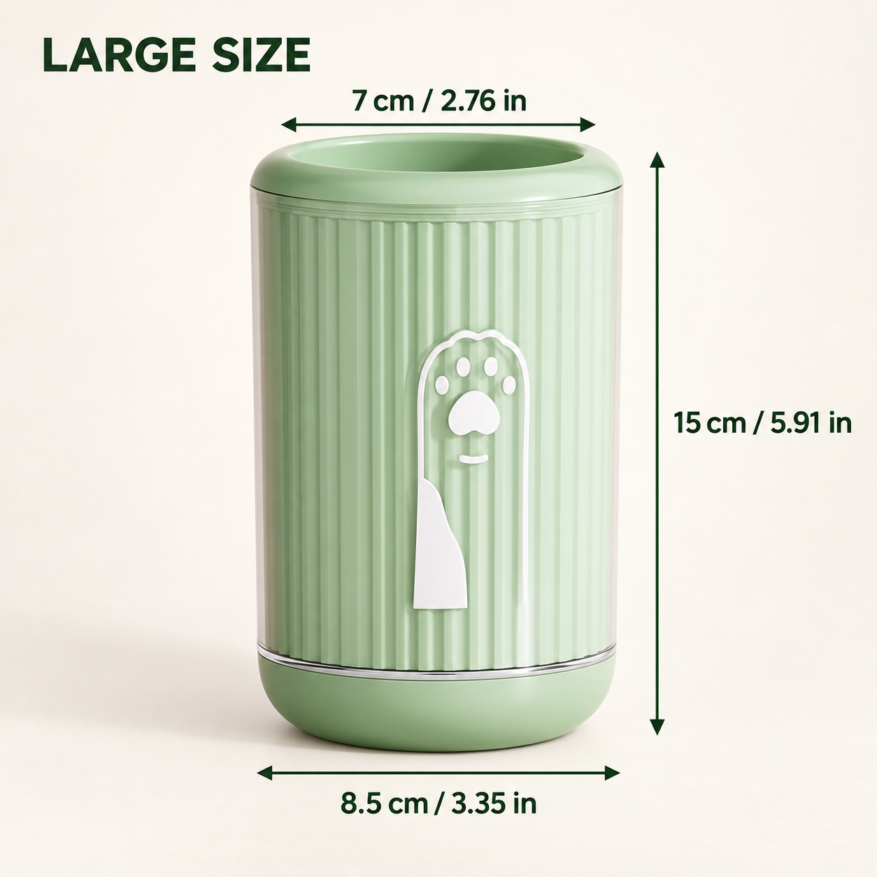 PawRinse Large size specifications diagram (7 cm opening, 15 cm height)
