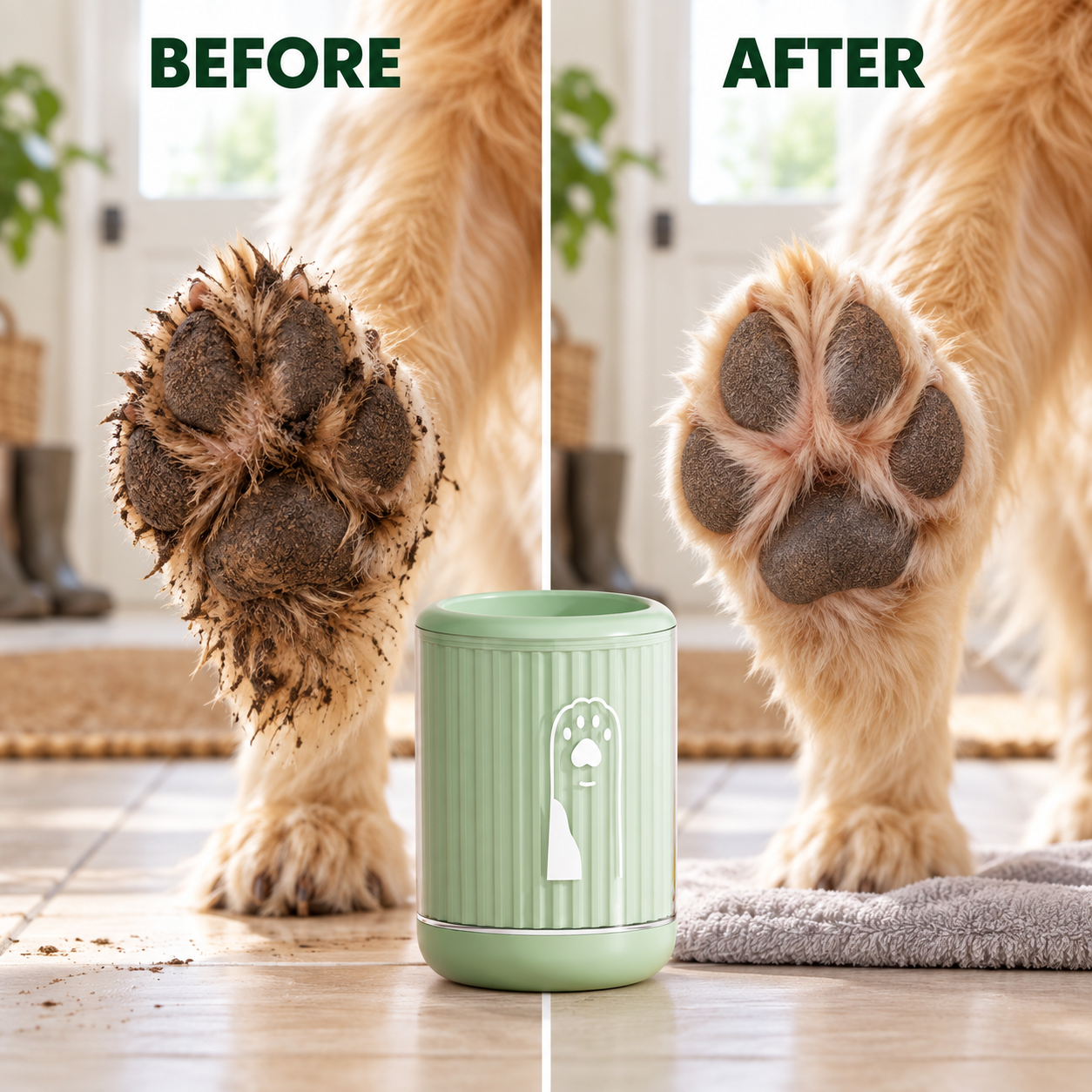 Before and after dog paw cleaning comparison with PawRinse