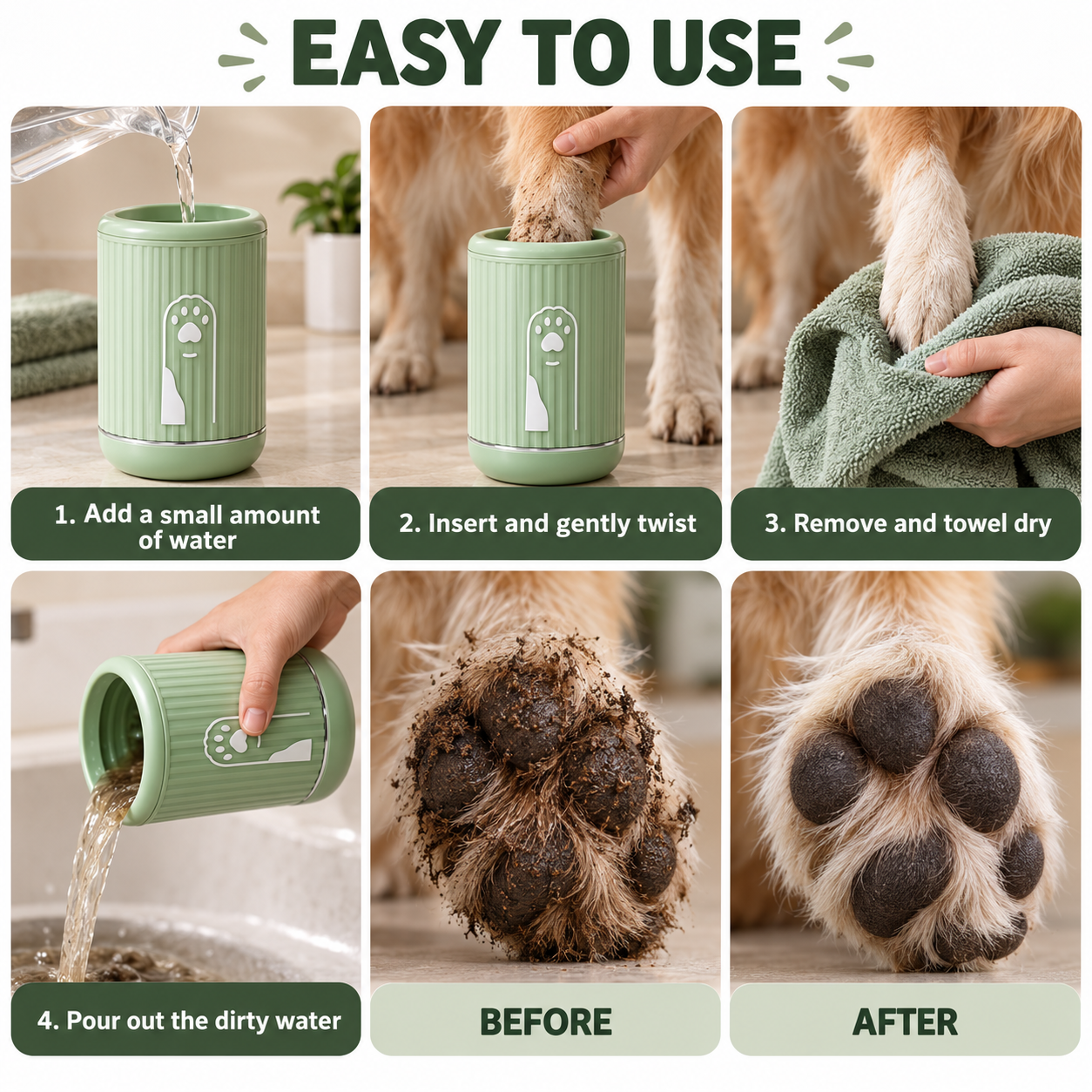 Four-step guide showing how to use the green PawRinse dog paw cleaner, with before and after results.