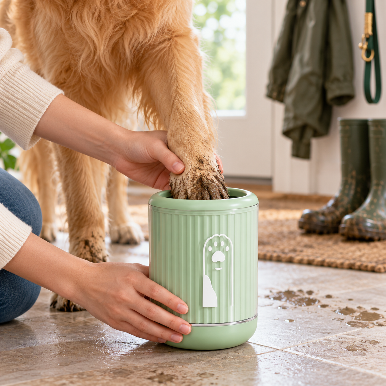 Dog paws being cleaned in hallway with PawRinse
